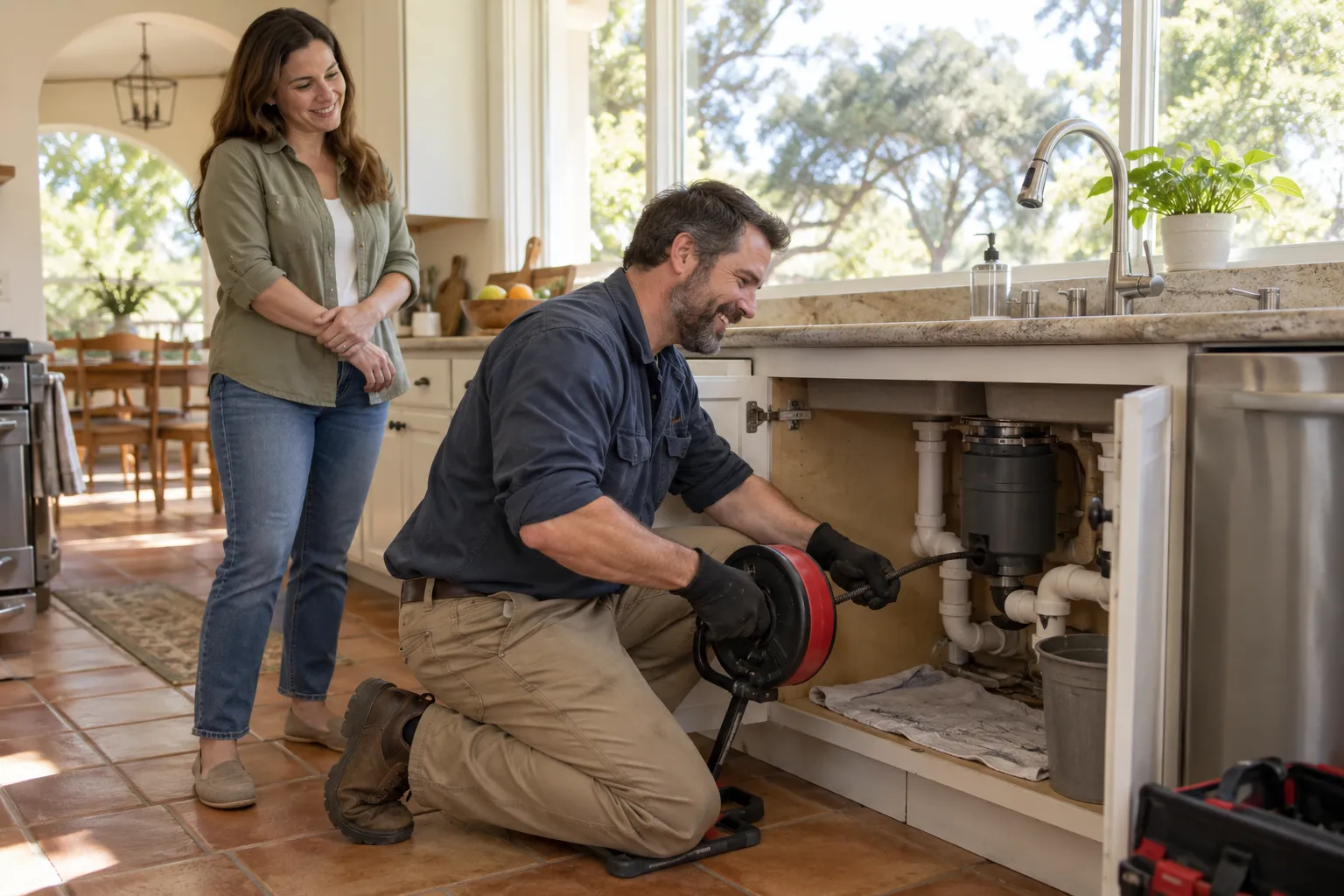 A friendly local plumber clearing a kitchen drain for a homeowner in a San Jose home