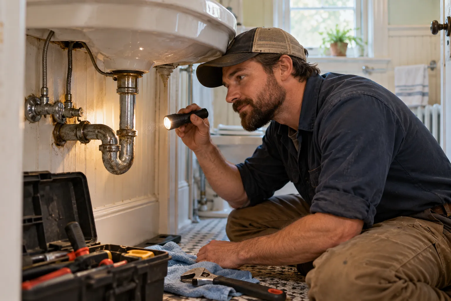 Plumber checking a drain pipe in an older the San Jose area home