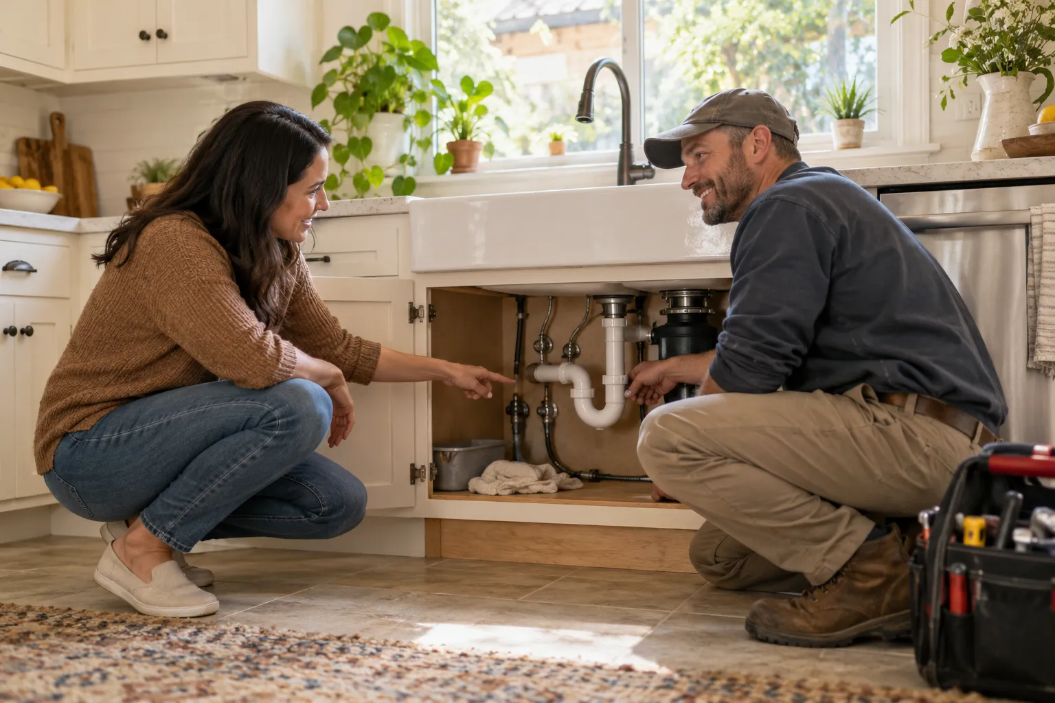A friendly plumber talking with a homeowner beside a kitchen sink in San Jose